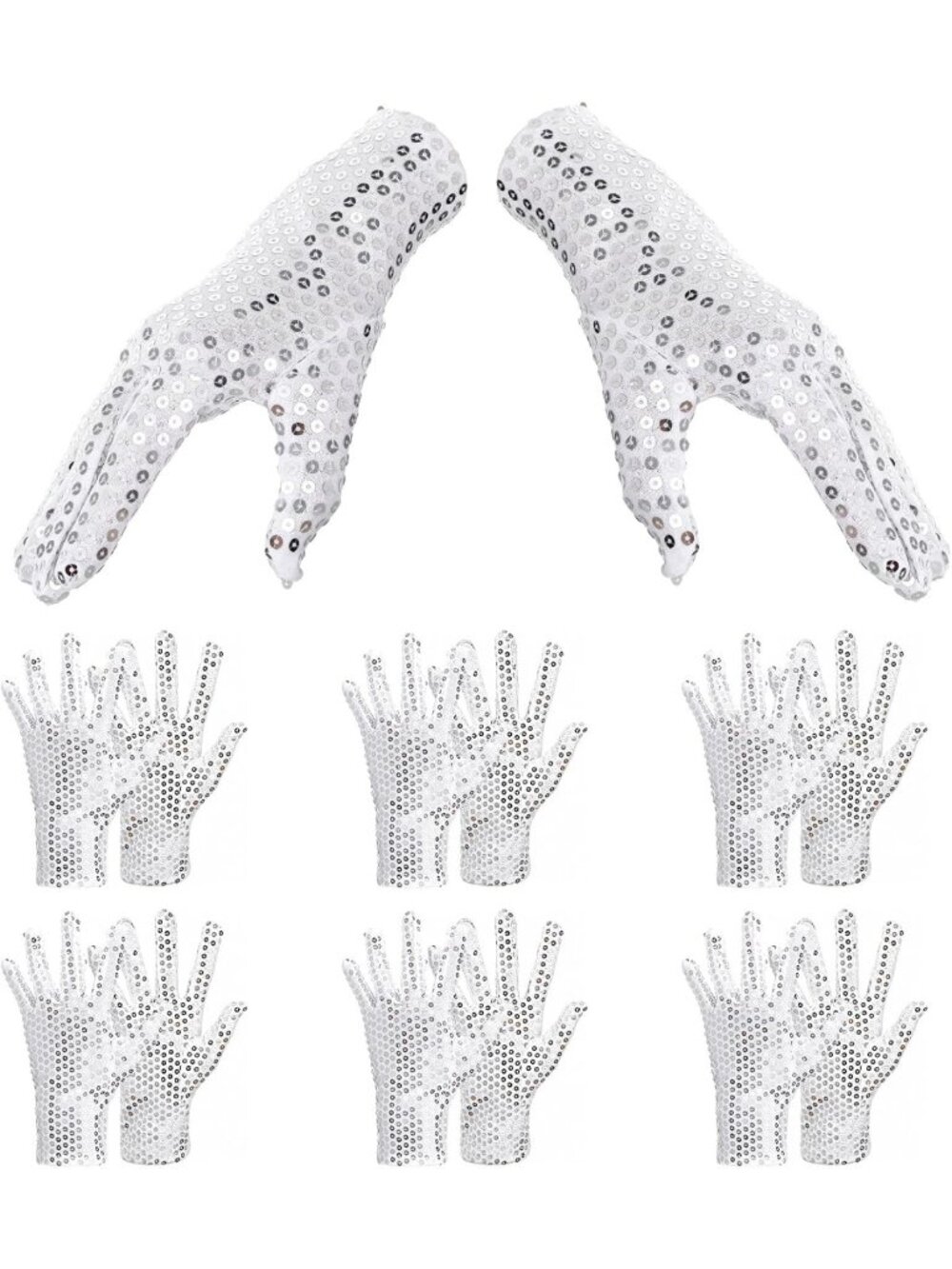 Sparkly Silver Sequin Gloves - 6 Pairs Fashion Dance Accessories for Women